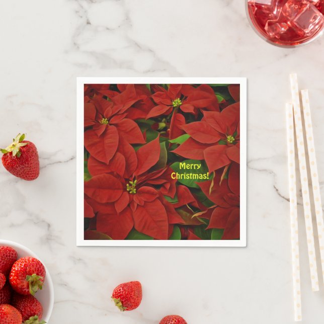 Traditional Painted Red Poinsettia Christmas Napkin (Insitu)