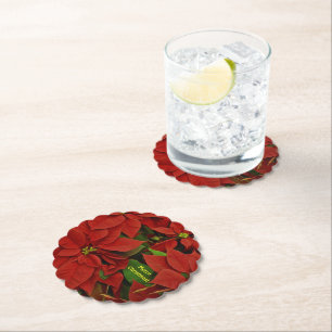 Traditional Painted Red Poinsettia Christmas Paper Coaster