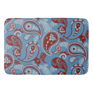 Traditional Paisley Linocut Red White Blue Bath Mat