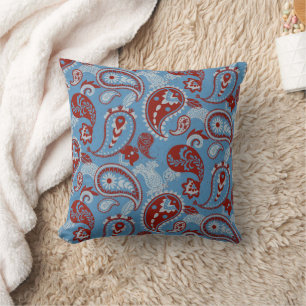 Traditional Paisley Linocut Red White Blue Cushion