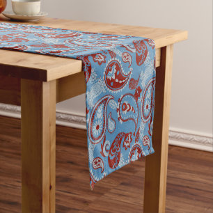Traditional Paisley Linocut Red White Blue Short Table Runner