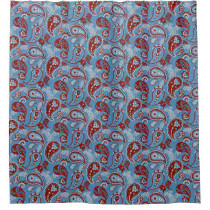 Traditional Paisley Linocut Red White Blue Shower Curtain