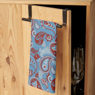 Traditional Paisley Linocut Red White Blue Tea Towel