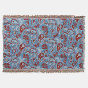 Traditional Paisley Linocut Red White Blue Throw Blanket