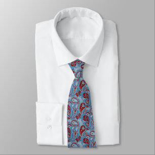 Traditional Paisley Linocut Red White Blue Tie