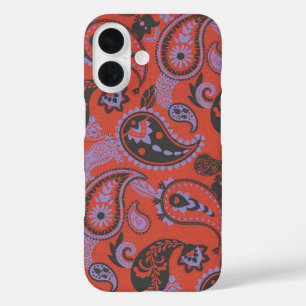 Traditional Paisley Linocut Vivid Orange Purple iPhone 16 Case