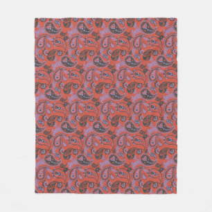 Traditional Paisley Linocut Vivid Orange Purple Fleece Blanket