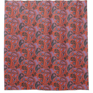 Traditional Paisley Linocut Vivid Orange Purple Shower Curtain