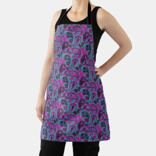 Traditional Paisley Linocut Vivid Pink Dusky Blue Apron