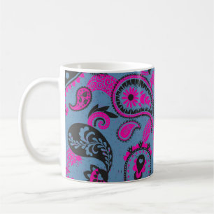Traditional Paisley Linocut Vivid Pink Dusky Blue Coffee Mug
