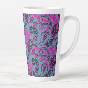 Traditional Paisley Linocut Vivid Pink Dusky Blue Latte Mug