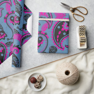 Traditional Paisley Linocut Vivid Pink Dusky Blue Wrapping Paper