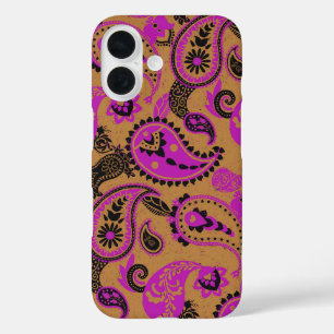 Traditional Paisley Linocut Vivid Pink Mustard iPhone 16 Case