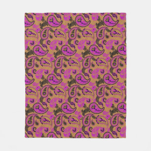 Traditional Paisley Linocut Vivid Pink Mustard Fleece Blanket