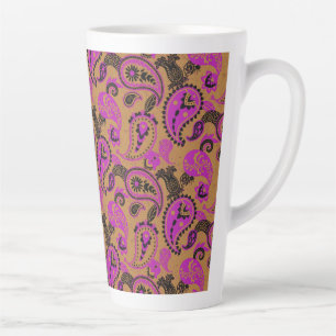 Traditional Paisley Linocut Vivid Pink Mustard Latte Mug