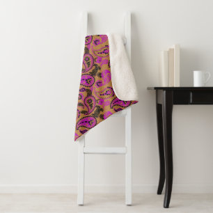 Traditional Paisley Linocut Vivid Pink Mustard Sherpa Blanket