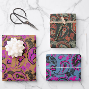 Traditional Paisley Linocut Vivid Pink Mustard Wrapping Paper Sheet