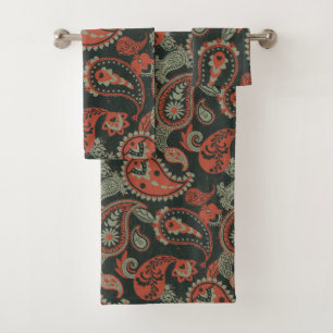 Traditional Paisley Linocut Warm Orange Mint Green Bath Towel Set