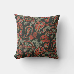 Traditional Paisley Linocut Warm Orange Mint Green Cushion