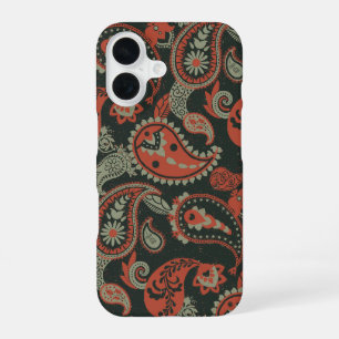 Traditional Paisley Linocut Warm Orange Mint Green iPhone 16 Case