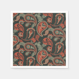 Traditional Paisley Linocut Warm Orange Mint Green Napkin