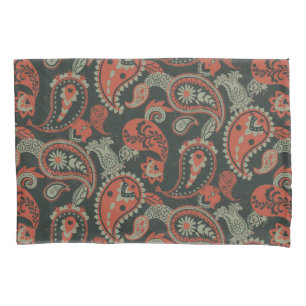 Traditional Paisley Linocut Warm Orange Mint Green Pillowcase