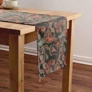 Traditional Paisley Linocut Warm Orange Mint Green Short Table Runner