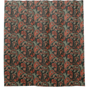 Traditional Paisley Linocut Warm Orange Mint Green Shower Curtain