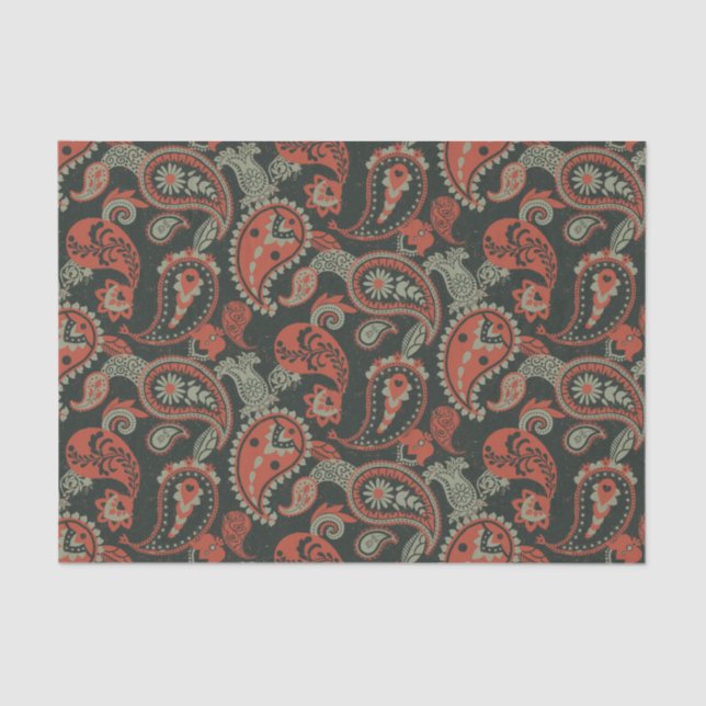 Traditional Paisley Linocut Warm Orange Mint Green Tissue Paper (Front)
