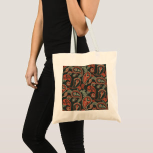 Traditional Paisley Linocut Warm Orange Mint Green Tote Bag
