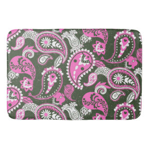 Traditional Paisley Linocut Warm Pink Deep Green Bath Mat