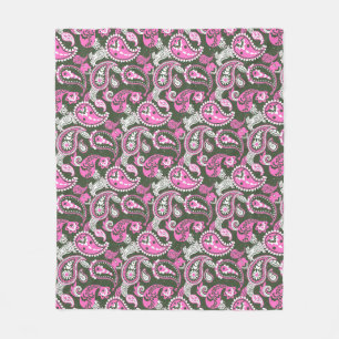 Traditional Paisley Linocut Warm Pink Deep Green Fleece Blanket