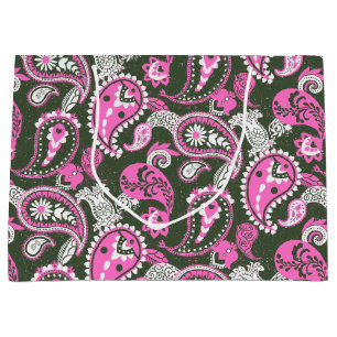 Traditional Paisley Linocut Warm Pink Deep Green Large Gift Bag