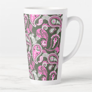 Traditional Paisley Linocut Warm Pink Deep Green Latte Mug