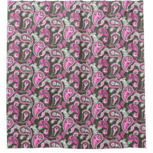 Traditional Paisley Linocut Warm Pink Deep Green Shower Curtain