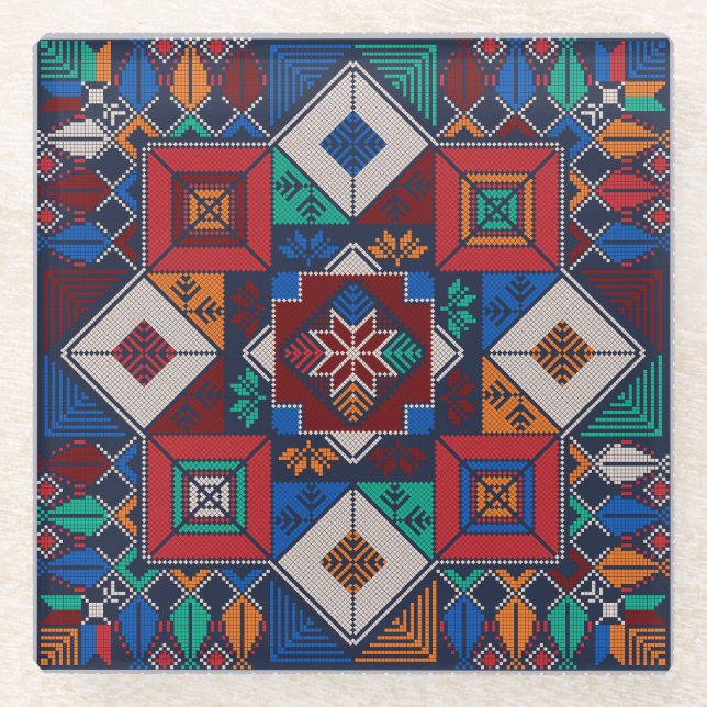 Traditional Palestine Embroidery tatreez  colourfu Glass Coaster (Front)