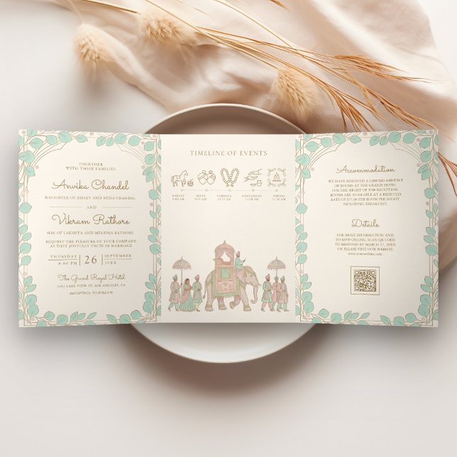 Traditional Pastel Elephant Baraat Indian Wedding Tri-Fold Invitation (Creator Uploaded)