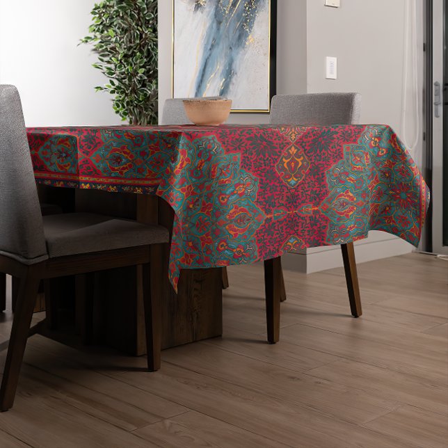 Traditional Persian Rug Pattern Tablecloth (A traditional Persian carpet pattern table cloth adorns this modern table.)