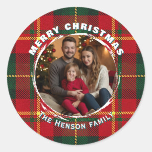 Traditional Personalized Family Photo Plaid  Classic Round Sticker