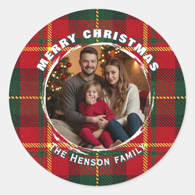 Traditional Personalized Family Photo Plaid  Classic Round Sticker (Front)