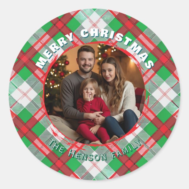 Traditional Personalized Family Photo Plaid  Classic Round Sticker (Front)