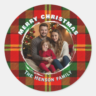Traditional Personalized Family Photo Plaid  Classic Round Sticker