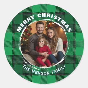 Traditional Personalized Family Photo Plaid  Classic Round Sticker