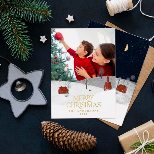 Traditional photo elegant rustic winter snow chic foil holiday card (Creator Uploaded)