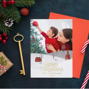 Traditional photo elegant rustic winter snow chic foil holiday postcard