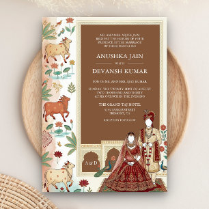 Traditional Pichwai Cow Art Brown Indian Wedding Invitation