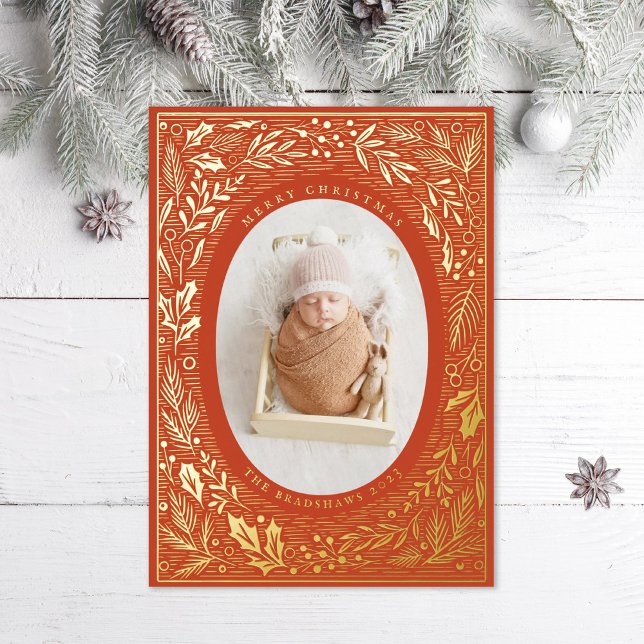 Traditional Pine and Holly Foil Holiday Card (Creator Uploaded)