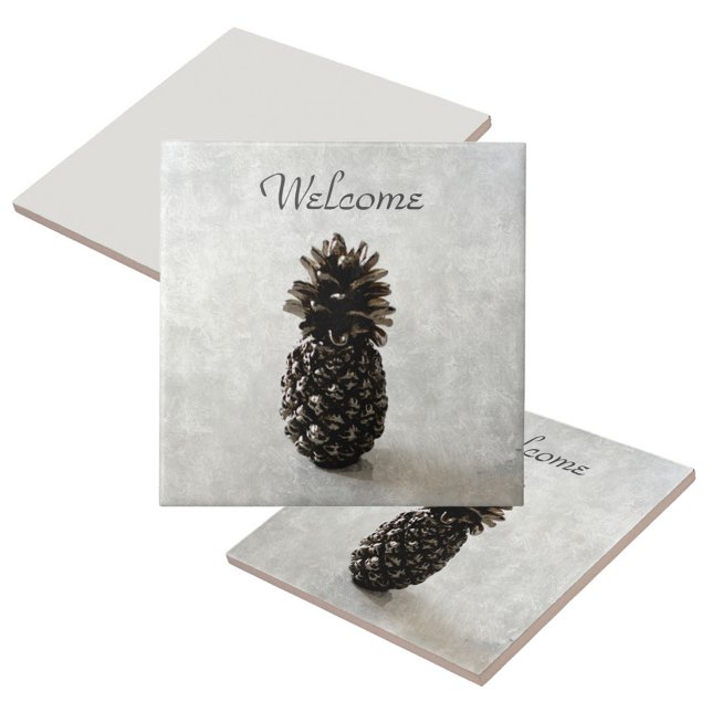 Traditional Pineapple Welcome Grey Ceramic Tile (Creator Uploaded)