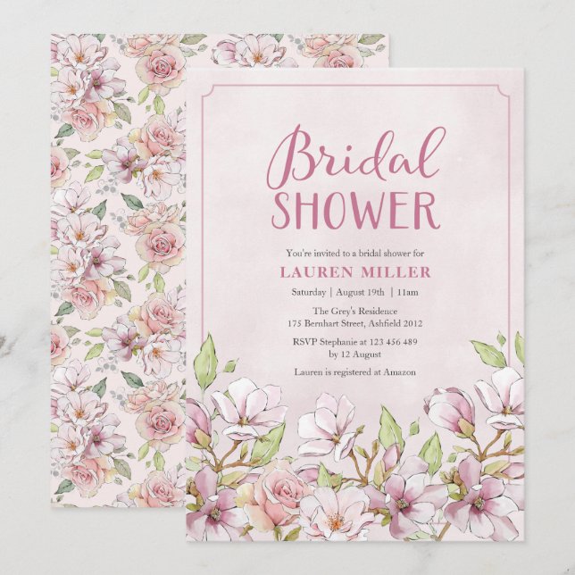 Traditional Pink Floral Bridal Shower invitation (Front/Back)