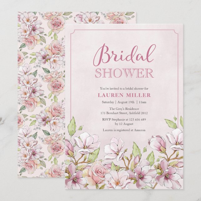 Traditional Pink Floral Bridal Shower invitation (Front/Back)